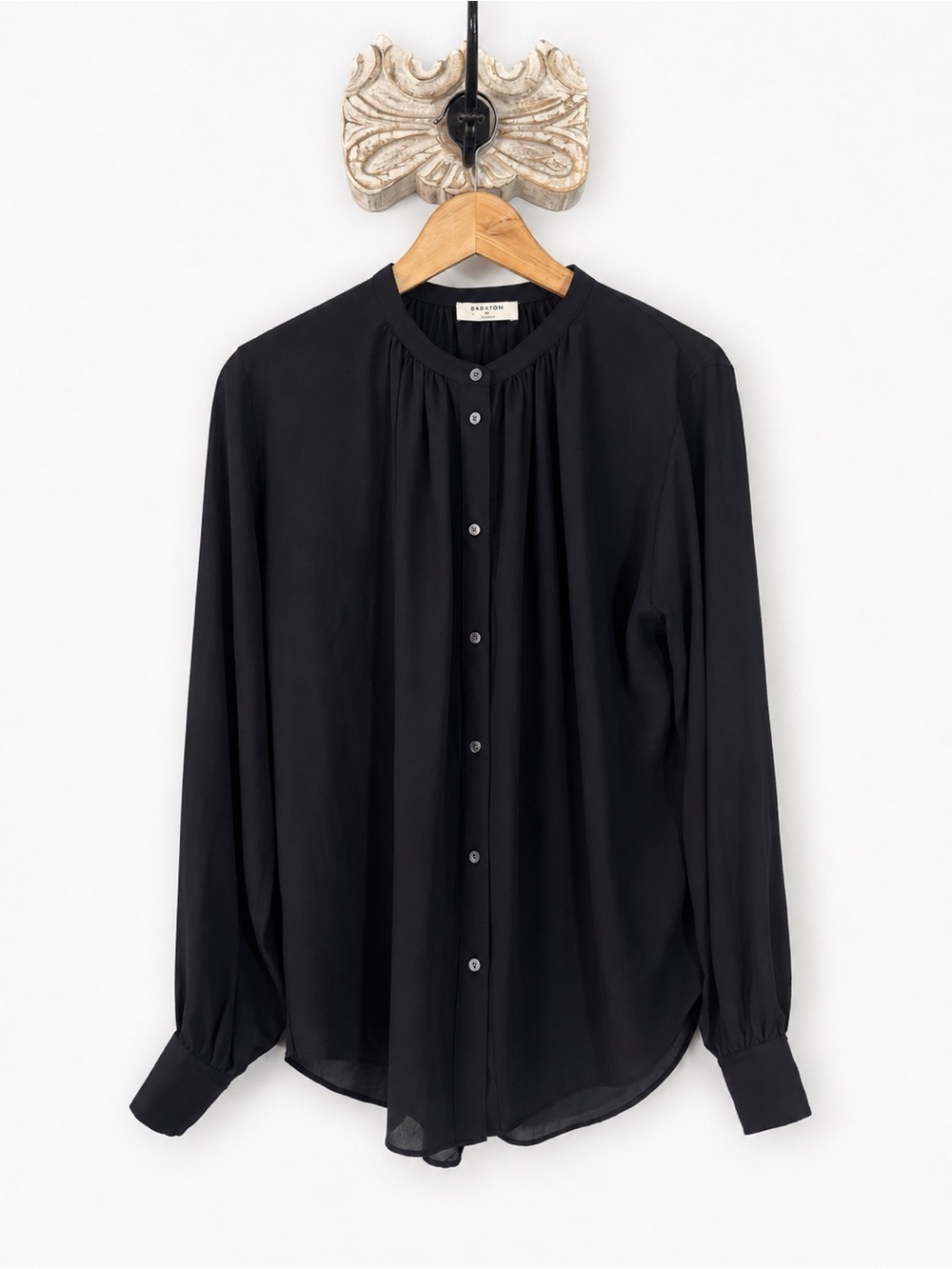 Aritzia Babaton Gene Blouse Black Semi Sheer Mandarin Collar Top - Picture 4 of 9